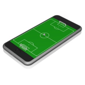 A soccer field coming out of the screen of a smart phone. This clip-art can represent watching or playing a sports game on a smart device.