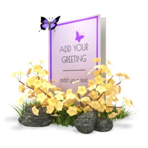 A spring or summer themed greeting card sits in a beg of grass and flowers. You can add your own greetings or image to this card using our on-line tools.