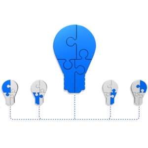 This clip art image shows four small puzzle light bulbs that each have an individual puzzle piece highlighted.  The all then are connected through dotted lines that merge into a fully highlighted light bulb puzzle.