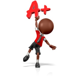 This clip art image shows a boy student figure holding an A+ above his head.