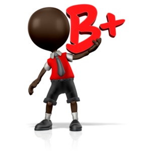This clip art image shows a boy student figure holding a B+ on his shoulder.