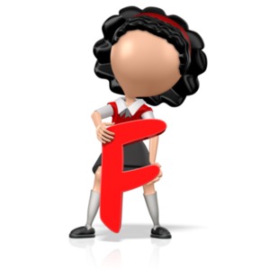 This clip art image shows a girl student figure holding a F in her arms.