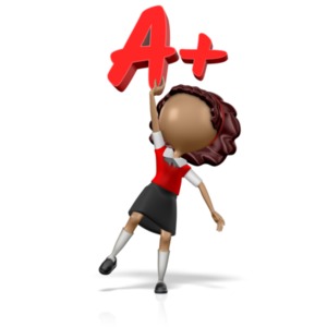 This clip art image shows a girl student figure holding an A+ above her head.