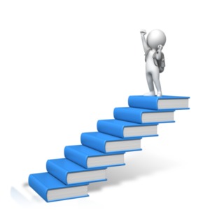 An image of a figure at the top of a set of books raising hands.