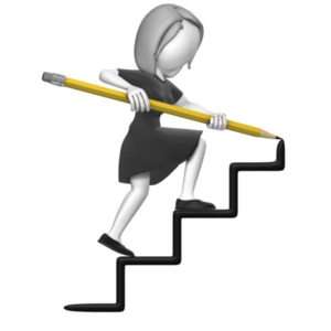 A woman with a giant pencil draws stairs ahead as he climbs.