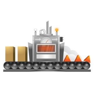 This clip art image shows an object going in one end of a machine and coming out the other end converted.