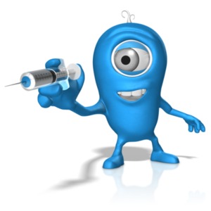 This clip art image shows a character holding a syringe ready to give a shot.