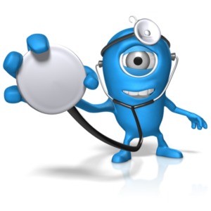 This clip art image shows a character holding out a stethoscope.