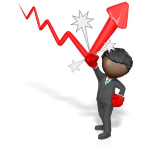 A businessman wearing boxing gloves punches a declining stock arrow to make it rise.