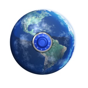 An image of earth with a safe dial on the front of the globe.