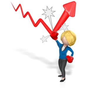 A business woman wearing boxing gloves punches a declining stock arrow to make it rise.