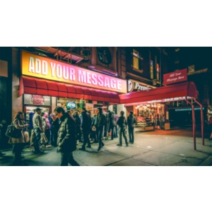 Add your own message to the signs above this small retail business on a city street.