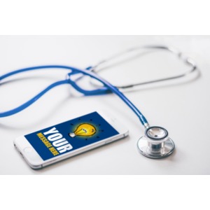 This custom design clip art image shows a smartphone laying next to a stethoscope.  You can customize the phones screen by adding your own text and images using our online customizer.