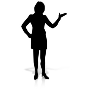 A silhouette image of a female figure in a dress presenting.
