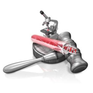 This clip art image shows a gavel with a microscope and a test tube containing a DNA strain.