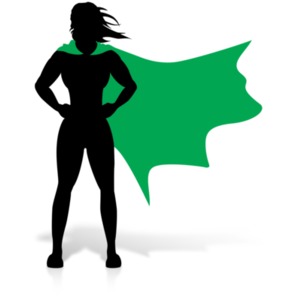 A silhouette image of a female superhero with cape that you can change the color to.