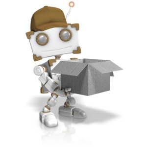This clip art image shows a delivery robot figure holding a open box.