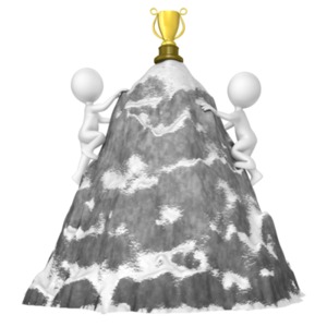 Two figures climb a mountain to reach the trophy first.