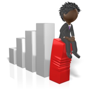 A businessman sits on a bar graph causing on of the bars to sag. This clip-art can represent an employee not helping profits grow.