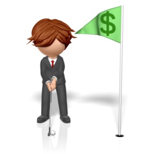 A businessman prepares to putt a golf ball.