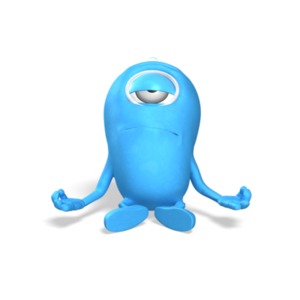 A 3D creature meditates in a yoga pose.