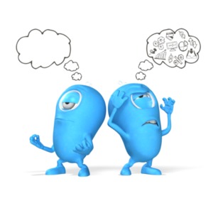 Two 3D creatures one with a clear peaceful thought and the other with a mind full of distractions and stress.