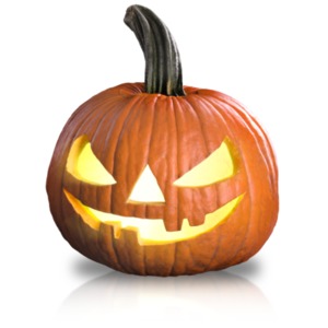 An image of a scary face pumpkin with a glowing light inside.