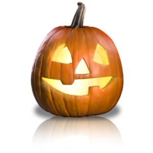 An image of a happy face pumpkin with a glowing light inside.