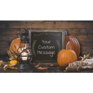 Create your own message on this chalkboard in a rustic setting with pumpkins.