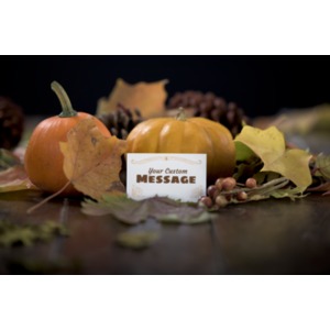 This customizable fall image shows a sign surrounded by fall leaves, pumpkins, and pinecones.