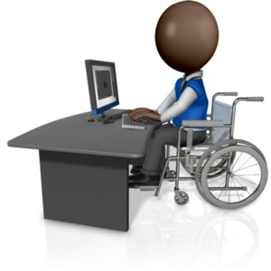 This clip art image shows a man figure in a wheelchair working at desk.