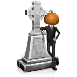 An image of a pumpkin-head figure in a business suit standing next to a gravestone.