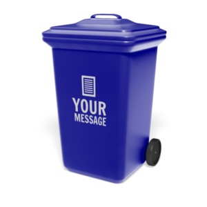 A trash bin with an area for your own custom message.