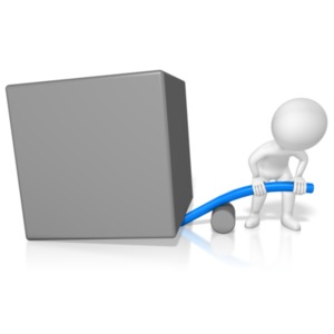 A stick figure tries using too short of a pole to create leverage to lift a heavy block.