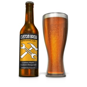 This custom design clip art shows a beer bottle with a customizable label and a full beer glass sitting next to it.