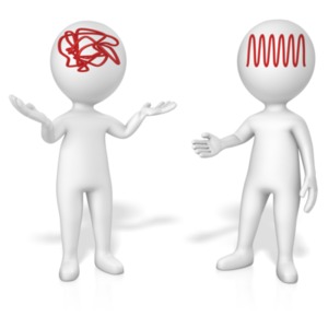 Two figures with different ways of thinking; one jumbled, one concise.