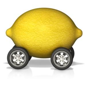 This clip art image show a lemon on wheels used to display something as unreliable.