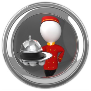 This clip art image shows a bell hop in a peephole holding our a platter with a service bell on it.