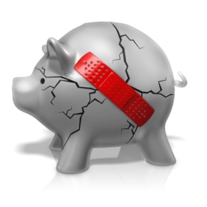 This clip art image shows a piggy bank with cracks in it and a big bandage stuck over the cracks.