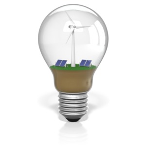 A wind turbine and solar panels inside a light bulb represent options for renewable energy.