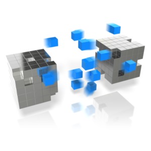 Two cube arrays exchange blocks. This clip-art can represent two sources exchanging information.