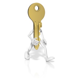A key with arms and legs walking.