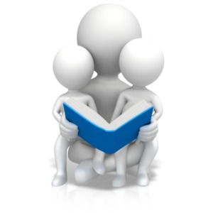 An image of two children sitting on a figures lap reading a book.