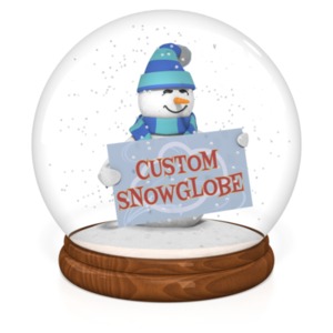 A snowman inside a snowglobe holds a sign that you customize.