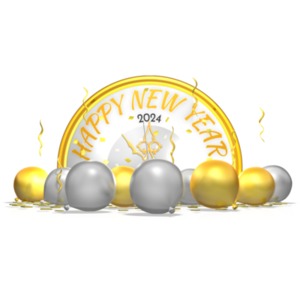 Sprinkle joy on your New Year&#039;s celebrations with our 2024 Year Clock Behind Balloons clipart – customize, create, and captivate!