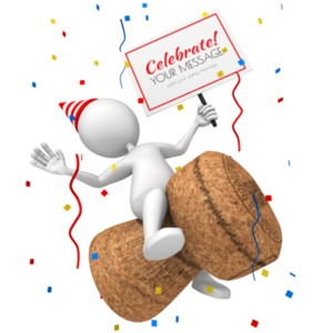 A 3D stick figure rides on a champagne cork in this party concept. You can change the message on the sign using our on-line tools.