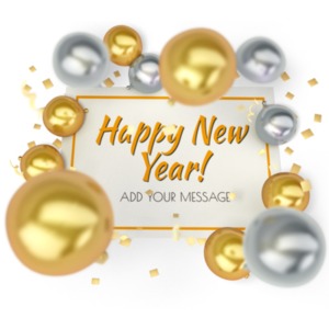 Falling balloons and confetti around a blank card. The message on the card can be changed using our on-line tools.