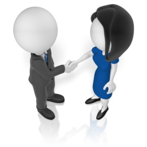 A man and a woman shake hands.