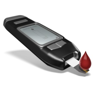 This clip art image shows a glucose tester with a blood drop on the sensor.
