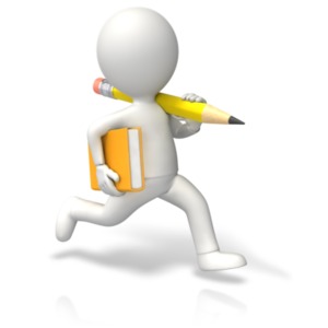 An image of a stick figure running with a book and pencil.